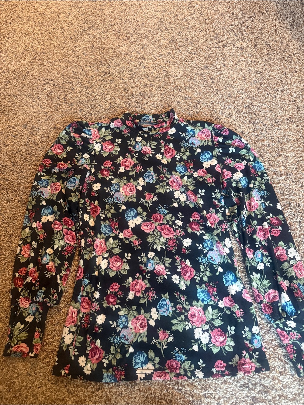 Floral Mock Neck Long Sleeve Top - Black with Pink & Blue Roses